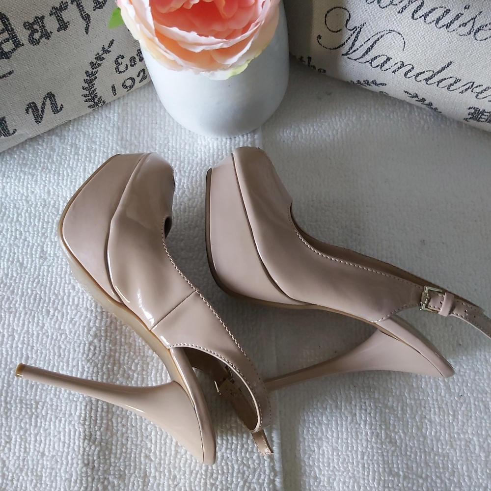 Bamboo platform stiletto heels nude glossy pumps peep toe slingback - Picture 10 of 16